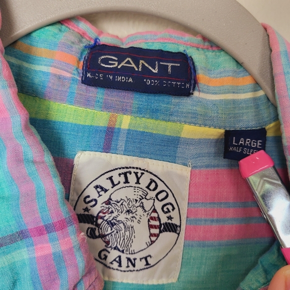 Salty Dog Gant Pastel‎ Plaid Short Sleeve Button Down Shirt Cotton Men's Large - Picture 4 of 10